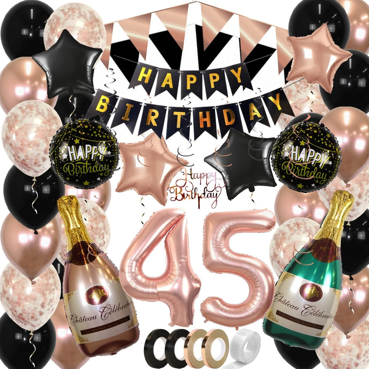 Feestpakket Happy Birthday 45 Jaar Roségoud/Zwart – 60-Delig