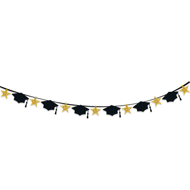 Afstudeerslinger Sterren en hoedjes zwart/goud – 200 cm