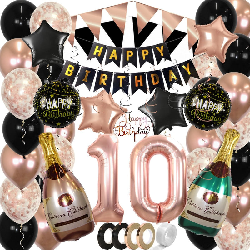 Feestpakket Happy Birthday 10 Jaar Roségoud/Zwart – 60-Delig