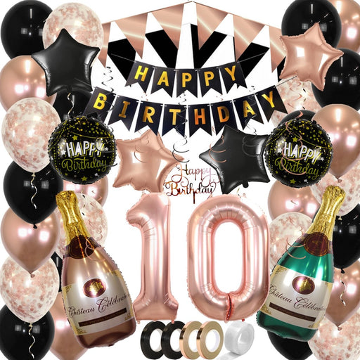 Feestpakket Happy Birthday 10 Jaar Roségoud/Zwart – 60-Delig