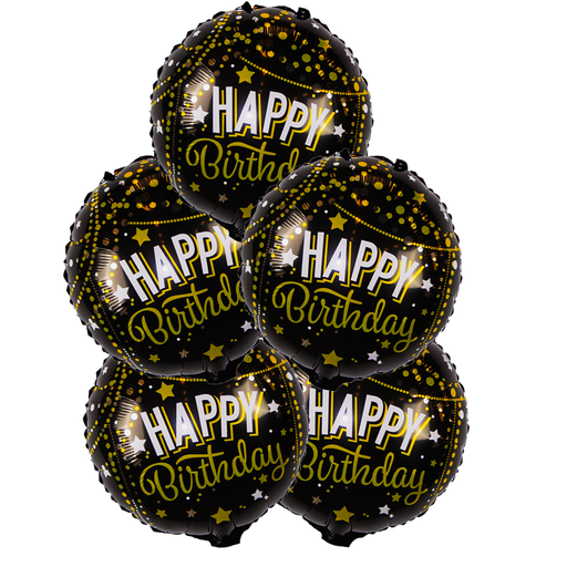 Folieballonnen Happy Birthday Rond Zwart/Goud - 5 Stuks - 45 x 45 cm
