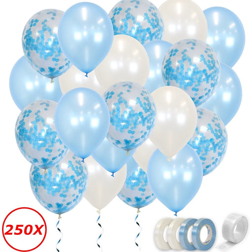 Metallic Latex Ballonnen Babyblauw en Wit met Confetti – 250 Stuks