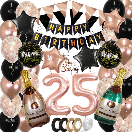 Feestpakket Happy Birthday 25 Jaar Roségoud/Zwart – 60-Delig