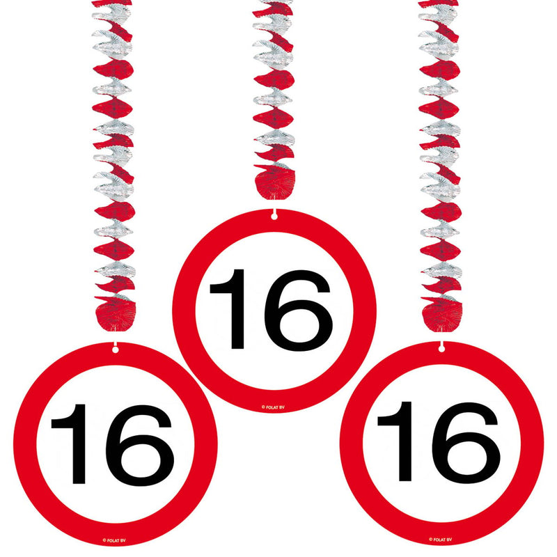 Swirl Hangdecoratie Verkeersbord 16 Jaar – 3 Stuks
