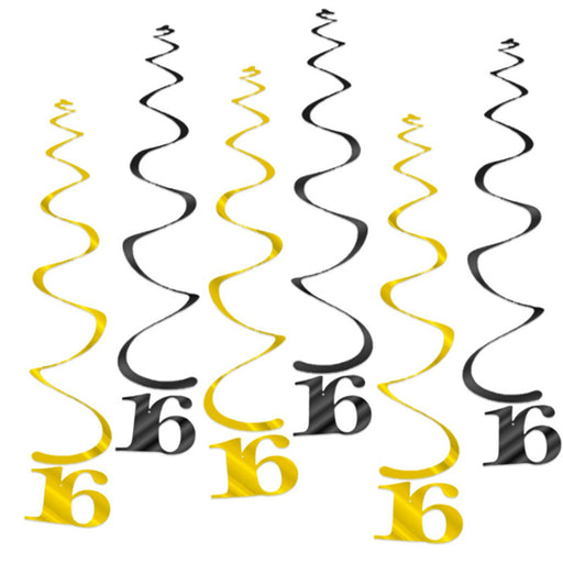Hangdecoratie 16 jaar zwart/goud – 6 stuks – 55 cm