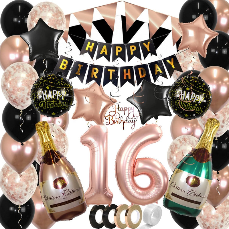 Feestpakket Happy Birthday 16 Jaar Roségoud/Zwart – 60-Delig