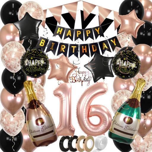 Feestpakket Happy Birthday 16 Jaar Roségoud/Zwart – 60-Delig