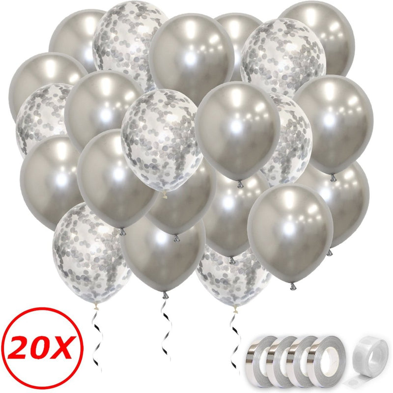Metallic Latex Ballonnen Zilver met Confetti – 20 Stuks