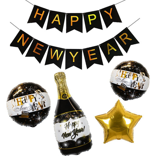 Nieuwjaarsdecoratieset Happy New Year Zwart en Goud – 5-delig