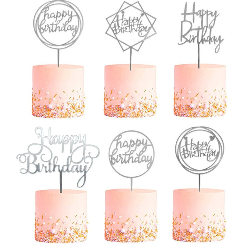 Taarttoppers Happy Birthday Zilver – 6 Stuks