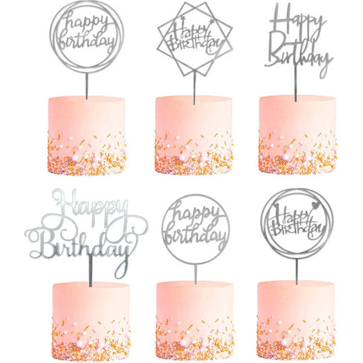 Taarttoppers Happy Birthday Zilver – 6 Stuks