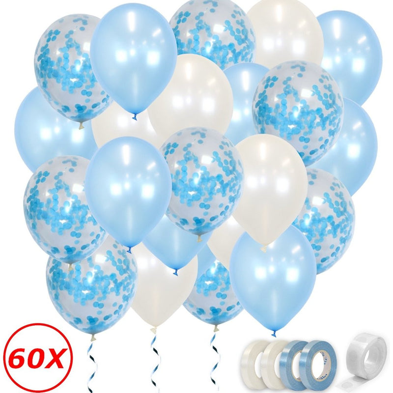 Metallic Latex Ballonnen Babyblauw en Wit met Confetti – 60 Stuks