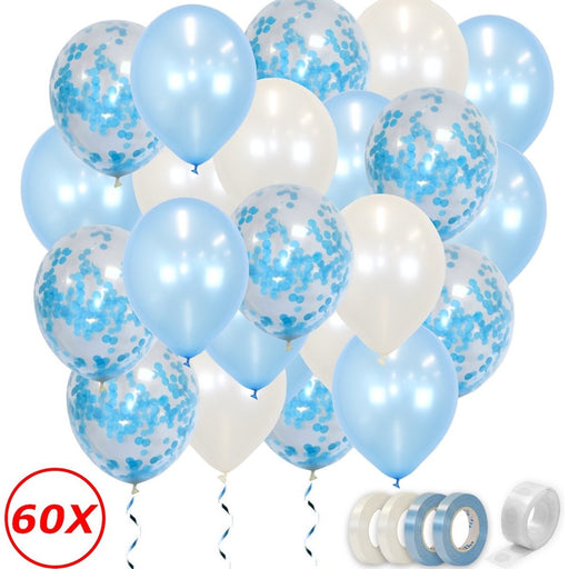 Metallic Latex Ballonnen Babyblauw en Wit met Confetti – 60 Stuks