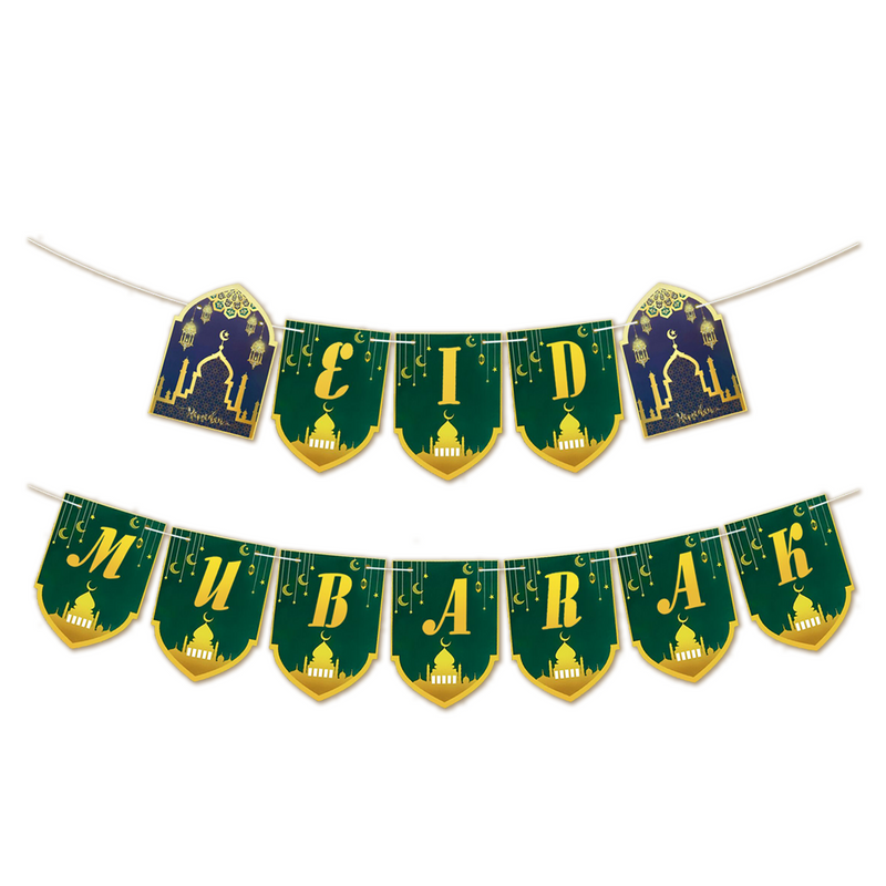 Vlaggenlijn Eid Mubarak groen/goud – vlaggetjes 14,5 x 18,5 cm