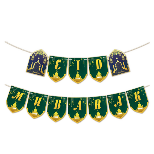 Vlaggenlijn Eid Mubarak groen/goud – vlaggetjes 14,5 x 18,5 cm