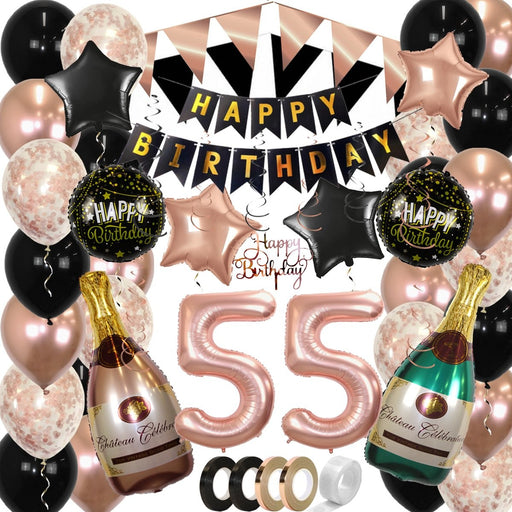 Feestpakket Happy Birthday 55 Jaar Roségoud/Zwart – 60-Delig
