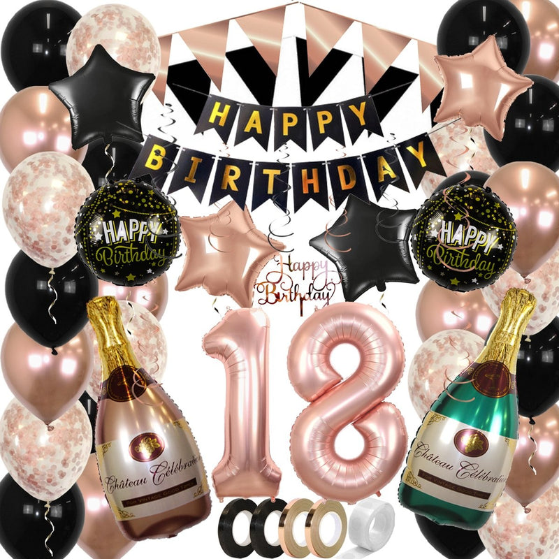 Feestpakket Happy Birthday 18 Jaar Roségoud/Zwart – 60-Delig