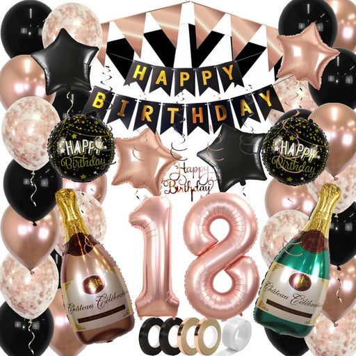 Feestpakket Happy Birthday 18 Jaar Roségoud/Zwart – 60-Delig