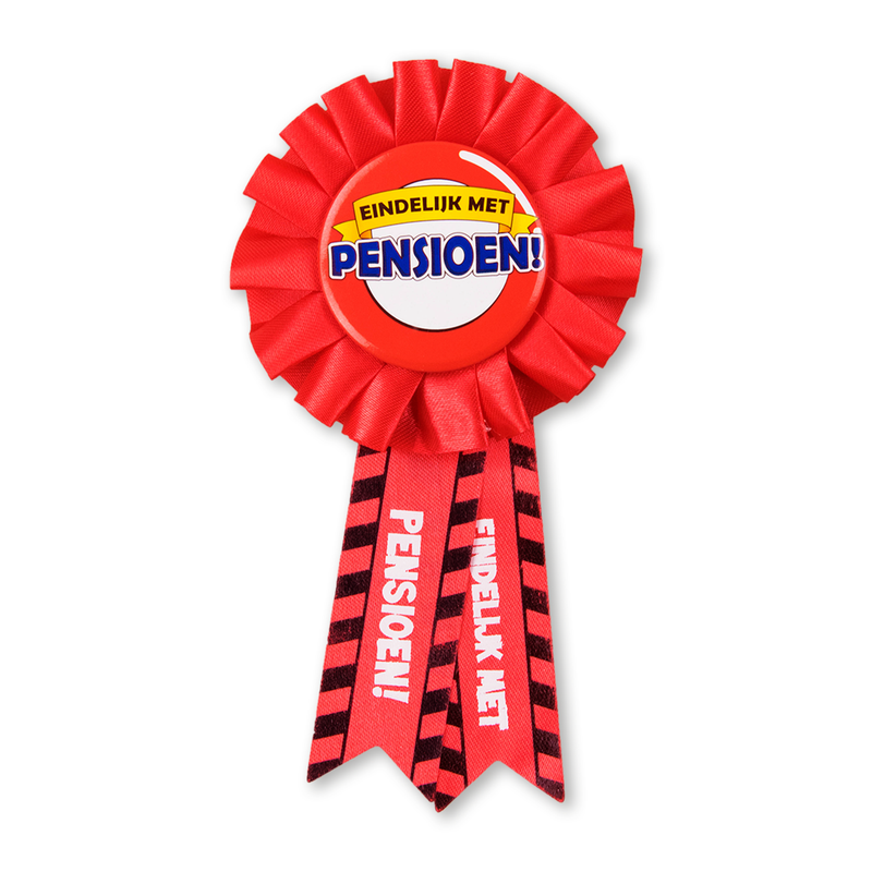 Pensioenrozet Eindelijk Met Pensioen Rood 14 x 8 cm