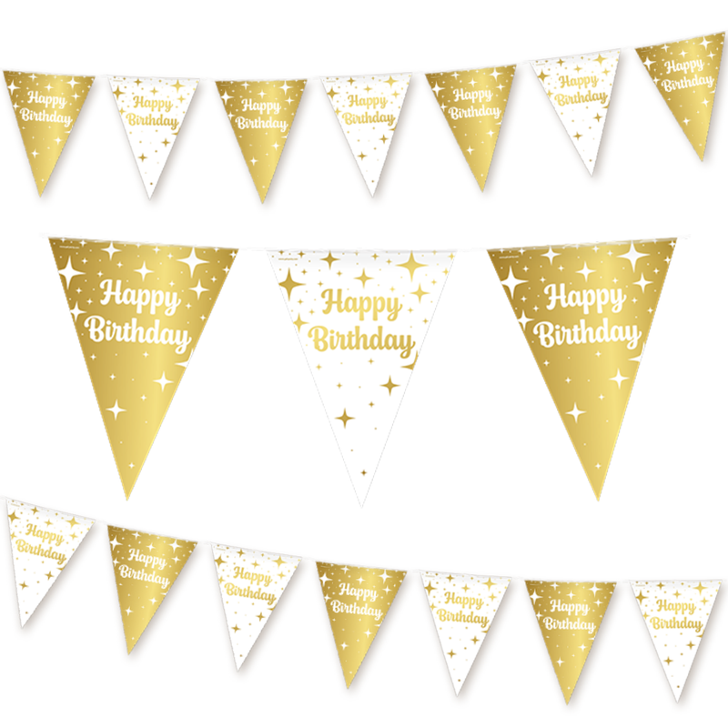 Folie Vlaggenlijn Happy Birthday Wit/Goud 10 m
