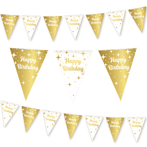 Folie Vlaggenlijn Happy Birthday Wit/Goud 10 m